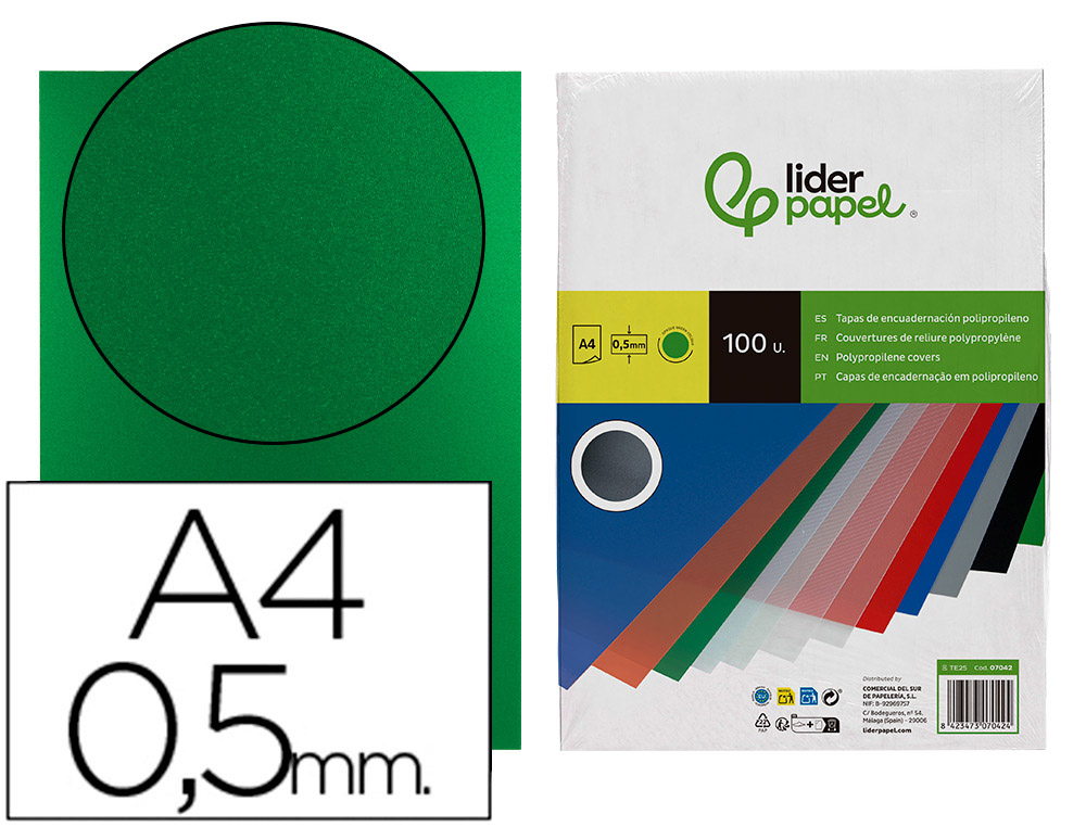 TAPA ENCUADERNACION LIDERPAPEL POLIPROPILENO A4 0.5MM VERDE OPACO PAQUETE DE 100 UNIDADES