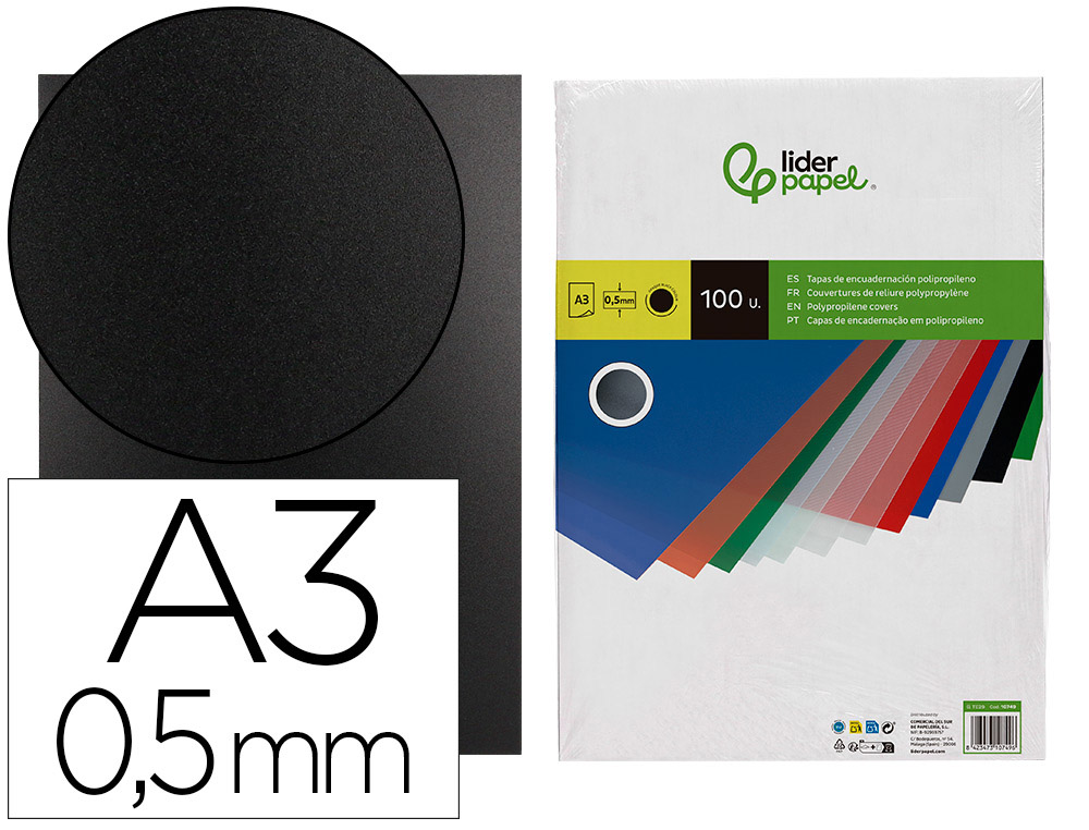 TAPA ENCUADERNACION LIDERPAPEL POLIPROPILENO A3 0.5 MM NEGRO OPACO PAQUETE DE 100 UNIDADES