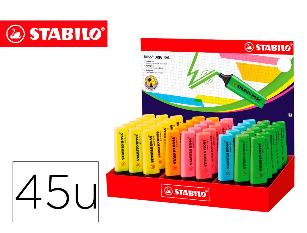 ROTULADOR STABILO BOSS FLUORESCENTE 70 EXPOSITOR DE 45 UNIDADES COLORES SURTIDOS