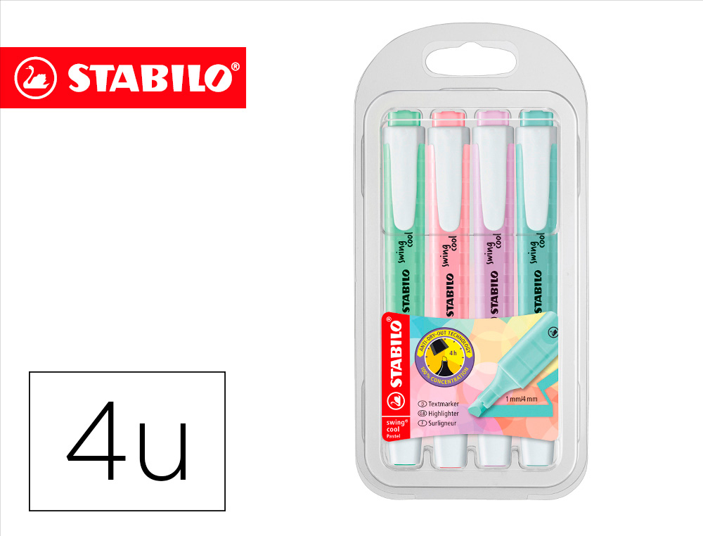 ROTULADOR STABILO FLUORESCENTE SWING COOL COLOR PASTEL BOLSA DE 4 UNIDADES COLORES SURTIDOS