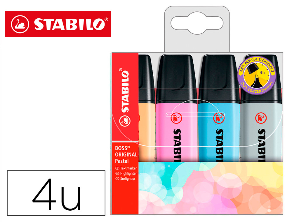 ROTULADOR STABILO BOSS FLUORESCENTE 70 PASTEL ESTUCHE DE 4 UNIDADES COLORES