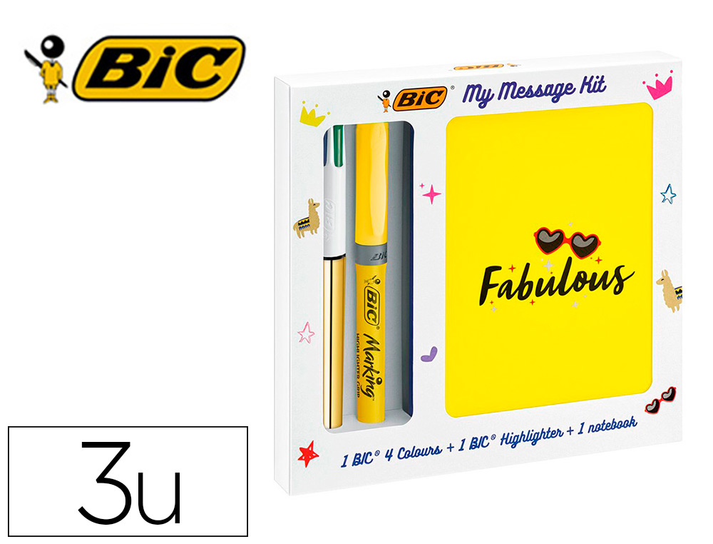 SET ESCRITURA BIC 1 CUATRO COLORES SHINE + 1 FLUORESCENTE GRIP PASTEL + 1 NOTEBOOK