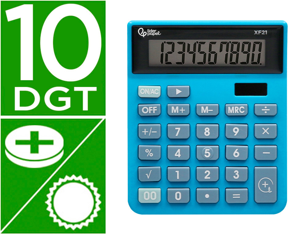 CALCULADORA LIDERPAPEL SOBREMESA XF21 10 DIGITOS SOLAR Y PILAS COLOR AZUL 127X105X24 MM