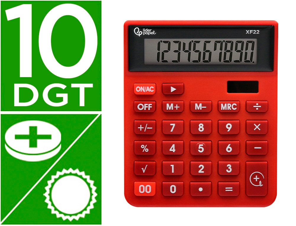 CALCULADORA LIDERPAPEL SOBREMESA XF22 10 DIGITOS SOLAR Y PILAS COLOR ROJO 127X105X24 MM