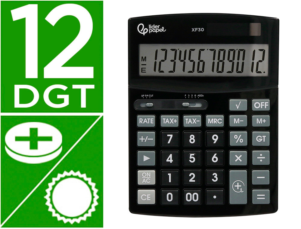 CALCULADORA LIDERPAPEL SOBREMESA XF30 12 DIGITOS TASAS SOLAR Y PILAS COLOR NEGRO 190X140X30 MM