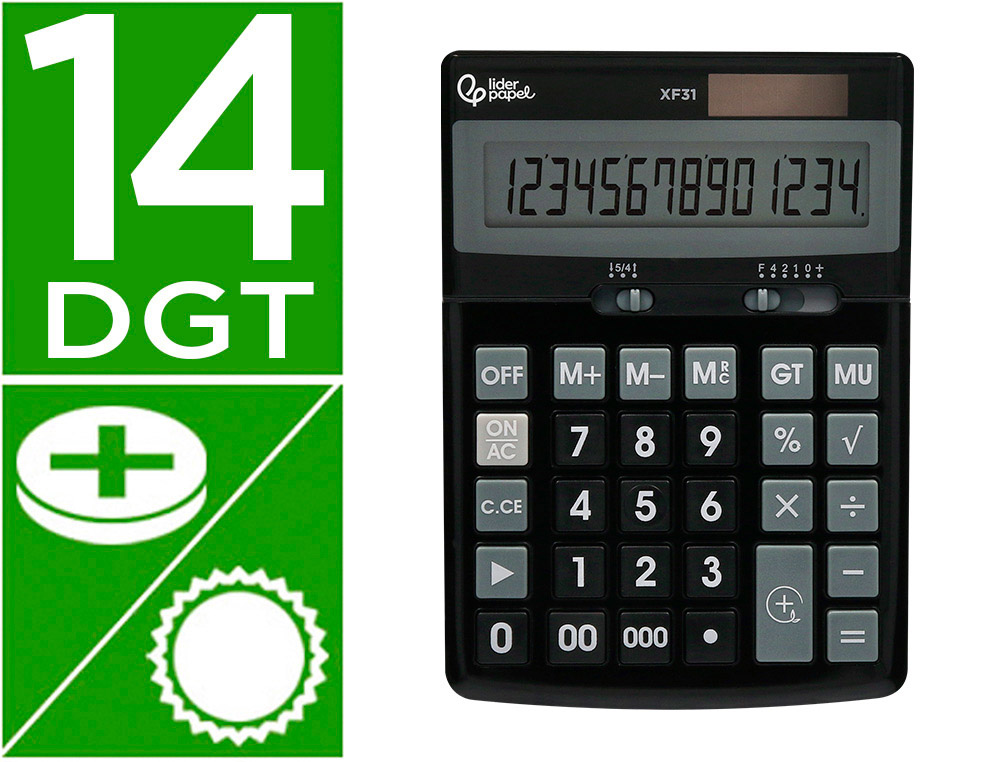 CALCULADORA LIDERPAPEL SOBREMESA XF31 14 DIGITOS SOLAR Y PILAS COLOR NEGRO 170X122X35 MM