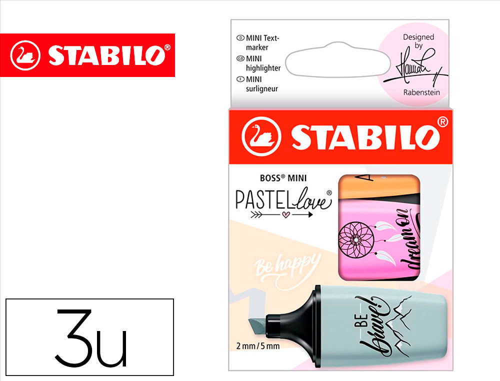 ROTULADOR STABILO BOSS MINI PASTEL LOVE ESTUCHE DE 3 UNIDADES FUCSIA HELADO/NARANJA PALIDO/GRIS