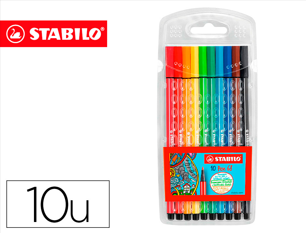 ROTULADOR STABILO ACUARELABLE PEN 68 ESTUCHE CARTON DE 10 UNIDADES COLORES SURTIDOS