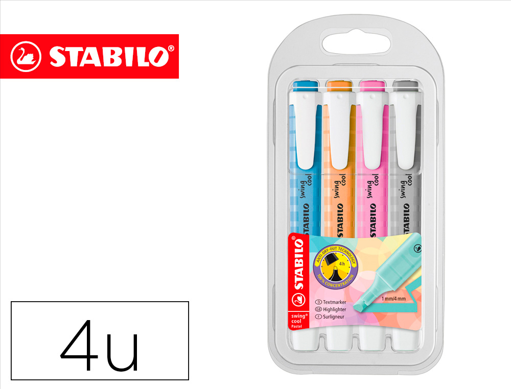 ROTULADOR STABILO FLUORESCENTE FINO SWING COOL PASTEL ESTUCHE DE 4 UNIDADES COLORES SURTIDOS