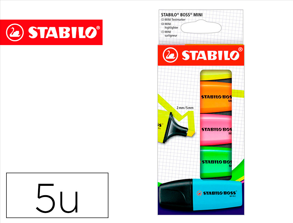 ROTULADOR STABILO BOSS MINI ESTUCHE DE 5 UNIDADES AMARILLO /AZUL/NARANJA/ROSA/VERDE