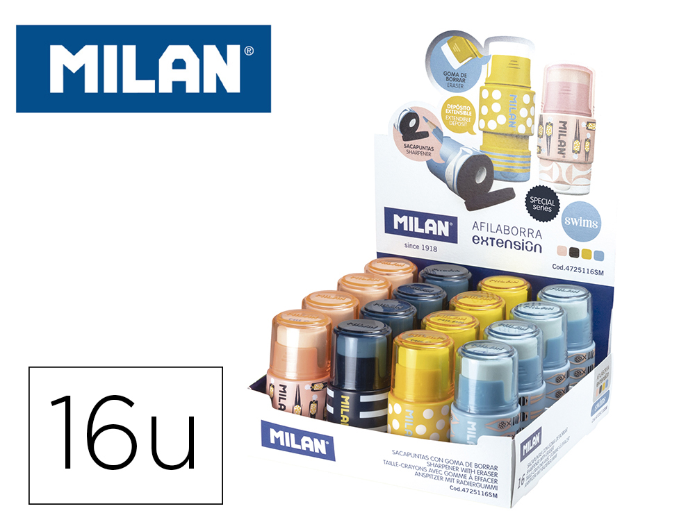 SACAPUNTAS MILAN EXTENSION PLASTICO CON DEPOSITO 1 USO CON GOMA DE BORRAR EXPOSITOR DE 16 UNIDADES COLORES