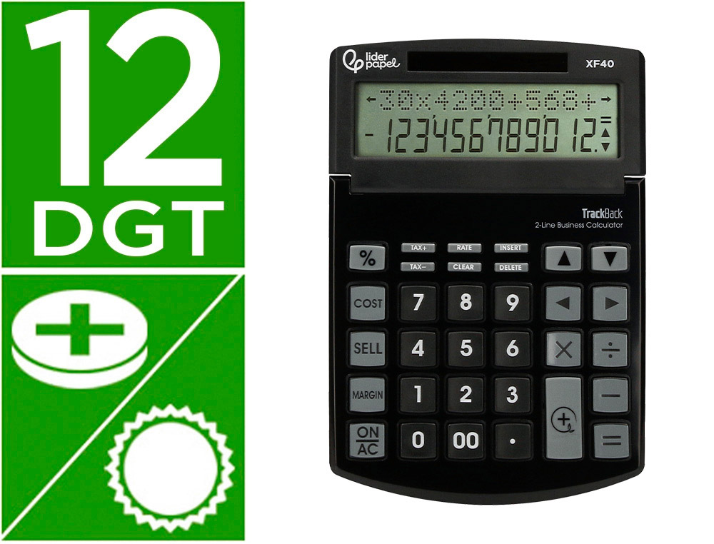 CALCULADORA LIDERPAPEL SOBREMESA XF40 12 DIGITOS DOS LINEAS SOLAR Y PILAS NEGRO 175X120X30 MM 40% RECICLADA