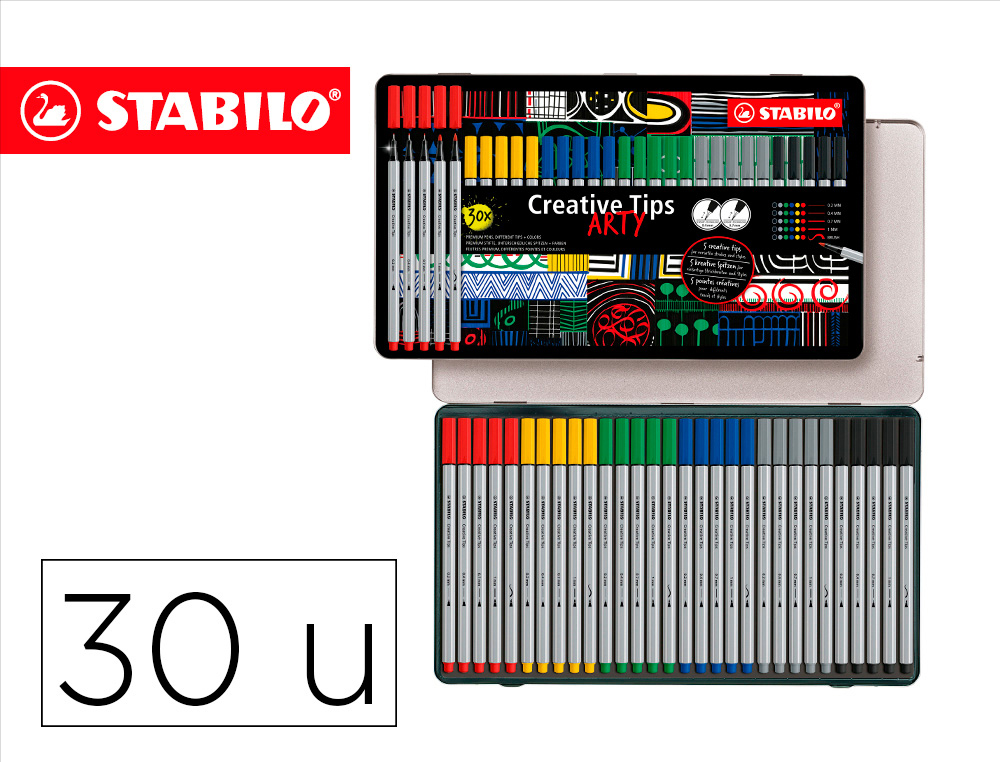 ROTULADOR STABILO CREATIVE PUNTA CALIBRADA TIPS ARTY LINECLASSIC 5 PUNTAS POR COLOR ESTUCHE METALICO DE 30
