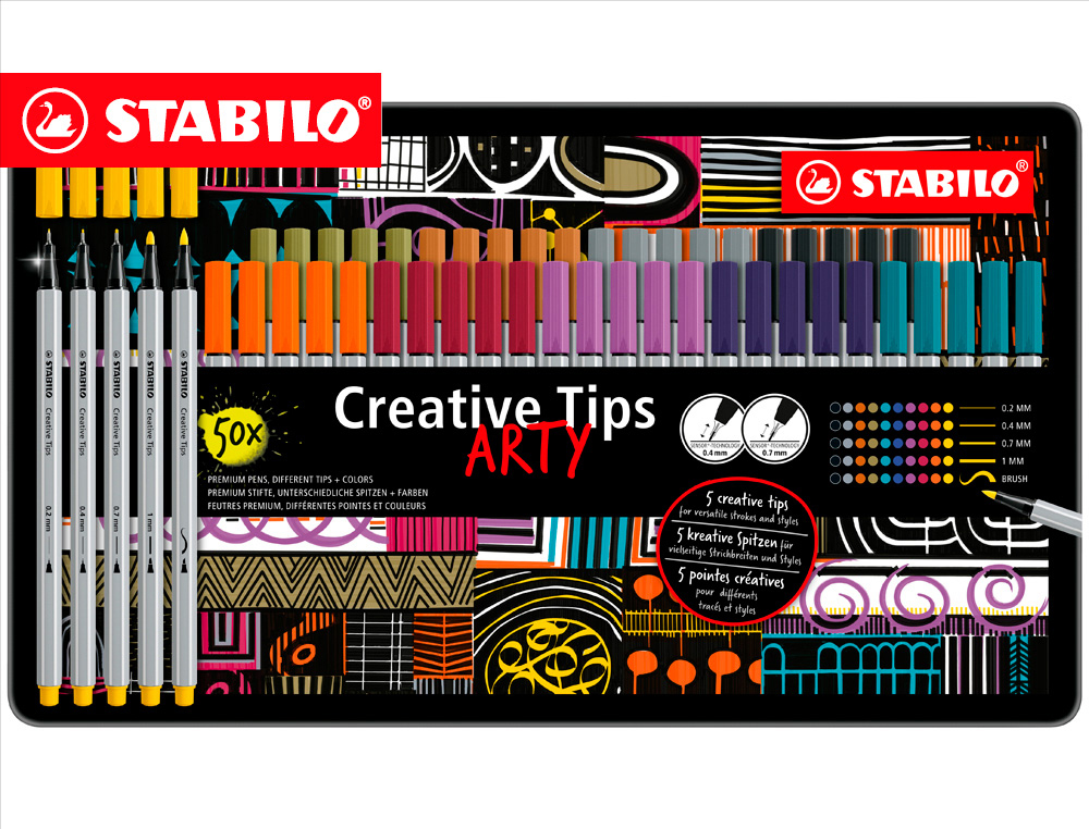 ROTULADOR STABILO CREATIVE TIPS ARTY LINE PASTEL 5 PUNTAS DIFERENTES POR COLOR ESTUCHE METALICO DE 30