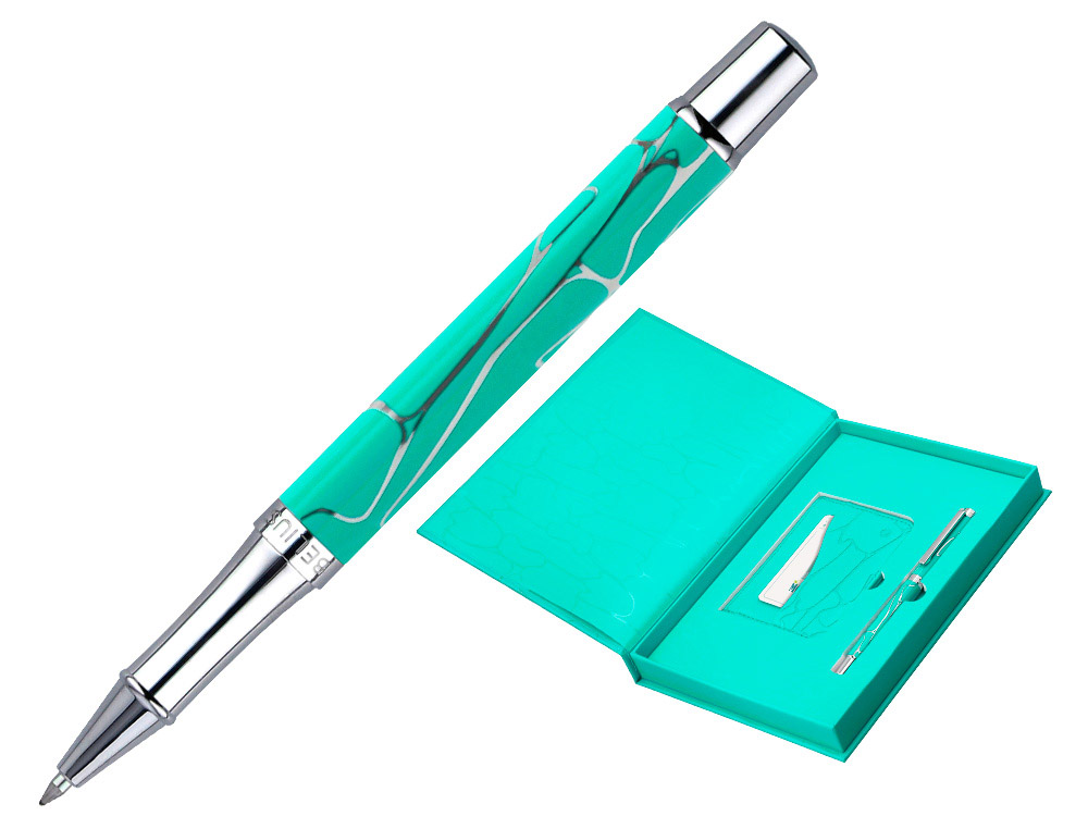 BOLIGRAFO Y WALLET BELIUS COCKTAILS MOJITO ALUMINIO VERDE PLATEADO RELIEVE TINTA COLOR AZUL CAJA DE DISEO
