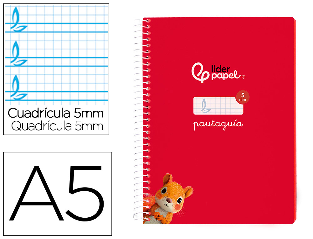 CUADERNO ESPIRAL LIDERPAPEL A5 PAUTAGUIA TAPA BLANDA 40H 75 GR CUADRO PAUTADO 5MM COLOR ROJO