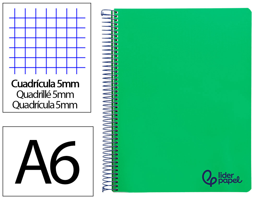 CUADERNO ESPIRAL LIDERPAPEL A6 MICRO WONDER TAPA PLASTICO 120H 90GR CUADRO 5MM 4 BANDAS COLOR VERDE OSCURO