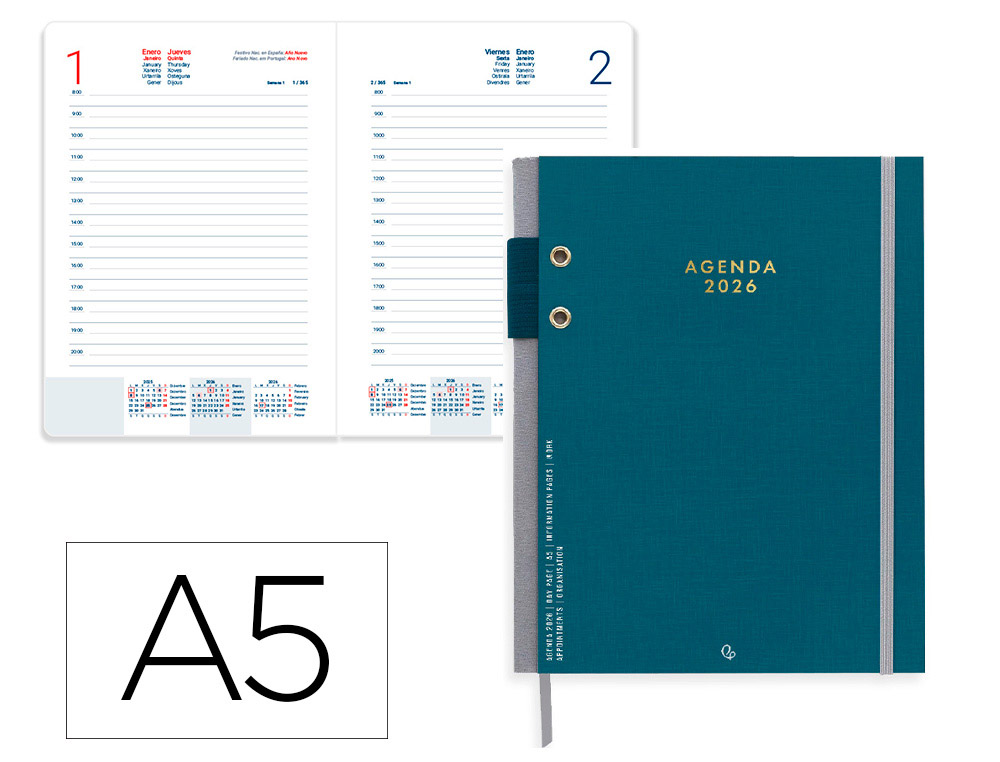 AGENDA ENCUADERNADA LIDERPAPEL PAXOS A5 2026 DIA PAGINA PAPEL 70 GR FSC