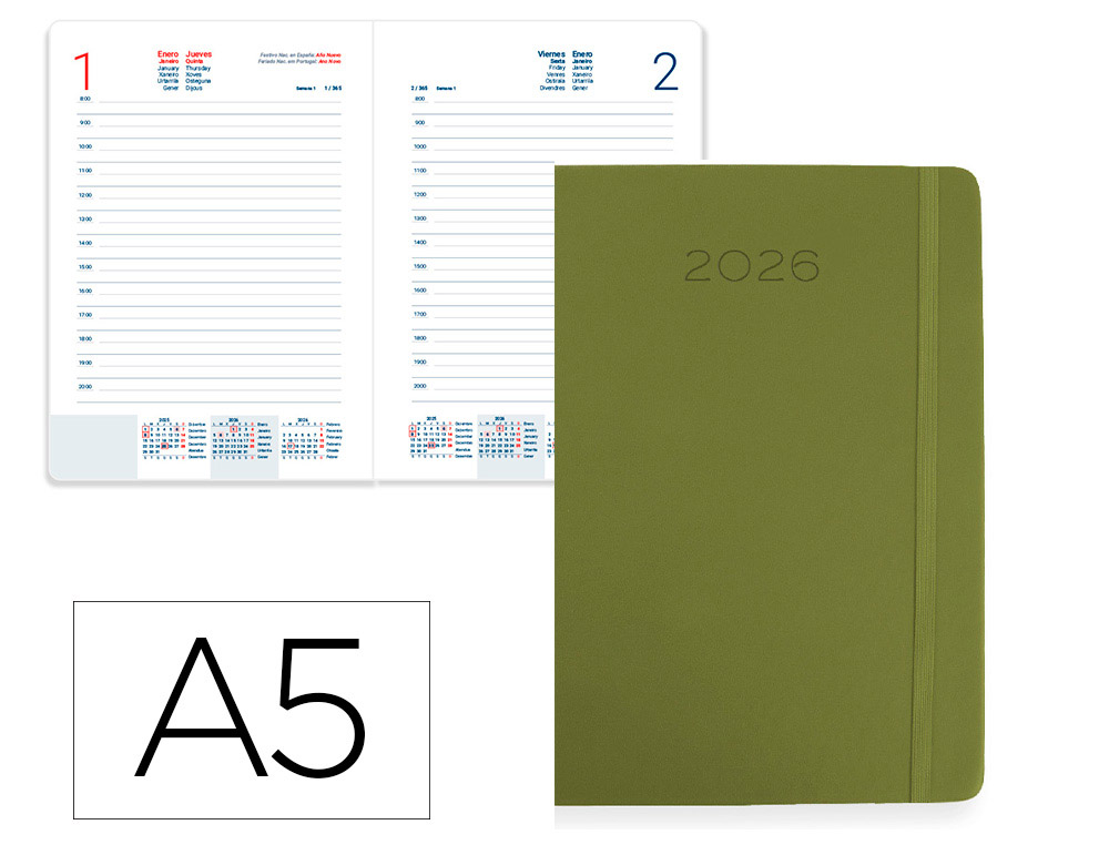 AGENDA ENCUADERNADA LIDERPAPEL MYKONOS 150X210 MM 2026 DIA PAGINA VERDE PAPEL 70 GR FSC