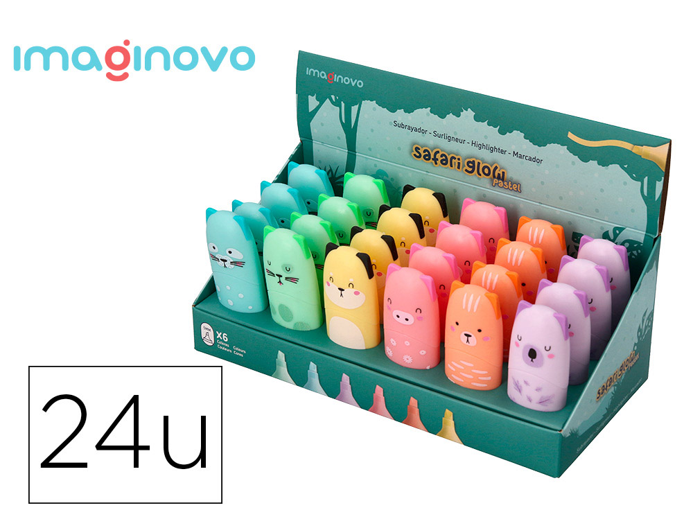 ROTULADOR IMAGINOVO FLUORESCENTE SAFARI GLOW PASTEL ANIMALES EXPOSITOR DE 24 UNIDADES SURTIDAS