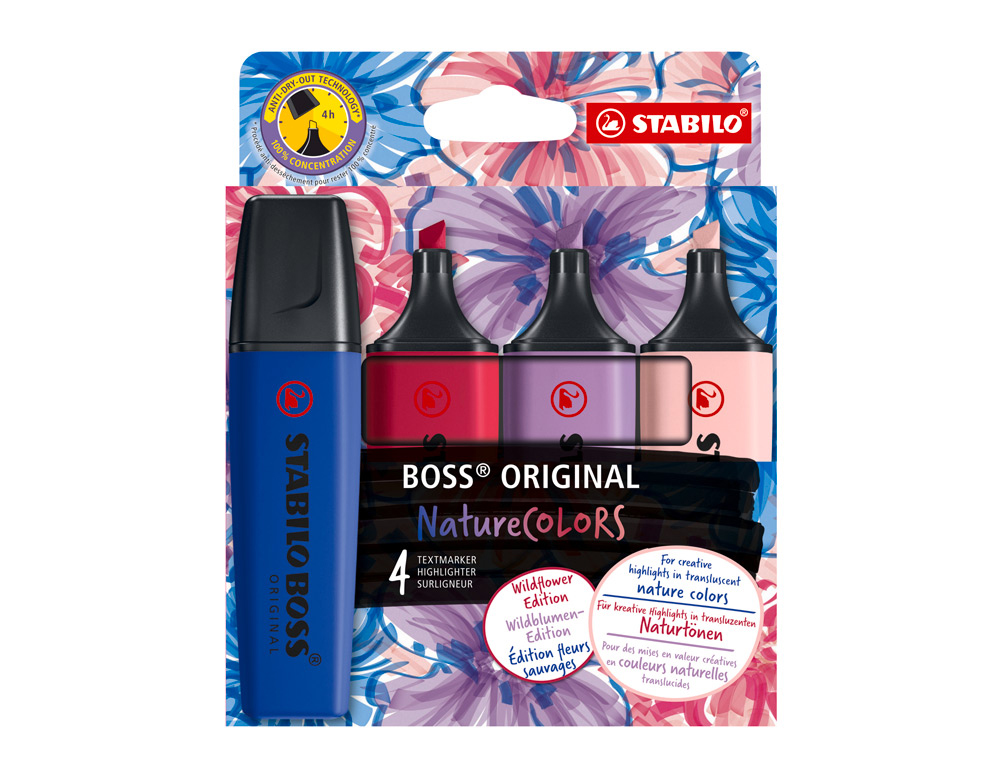 ROTULADOR STABILO BOSS FLUORESCENTE NATURE COLORS WILDFLOWER EDITION ESTUCHE DE 4 UNIDADES COLORES SURTIDOS