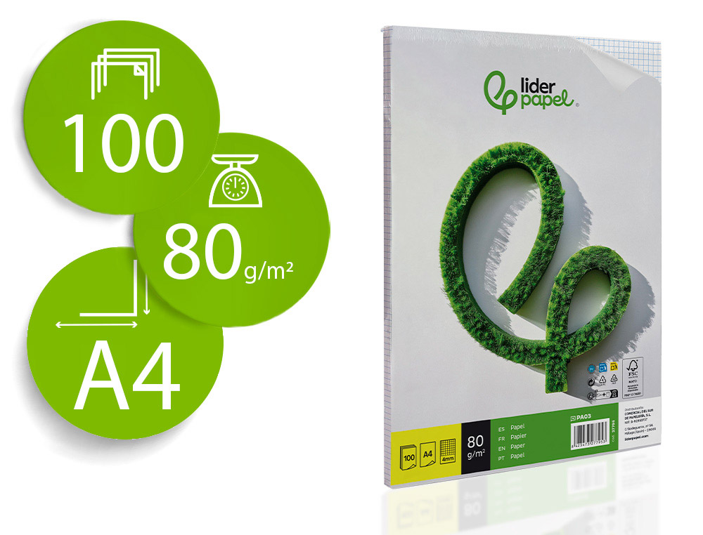 PAPEL LIDERPAPEL A4 80G/M2 SIN TALADROS CUADRO 4 MM PAQUETE DE 100 HOJAS