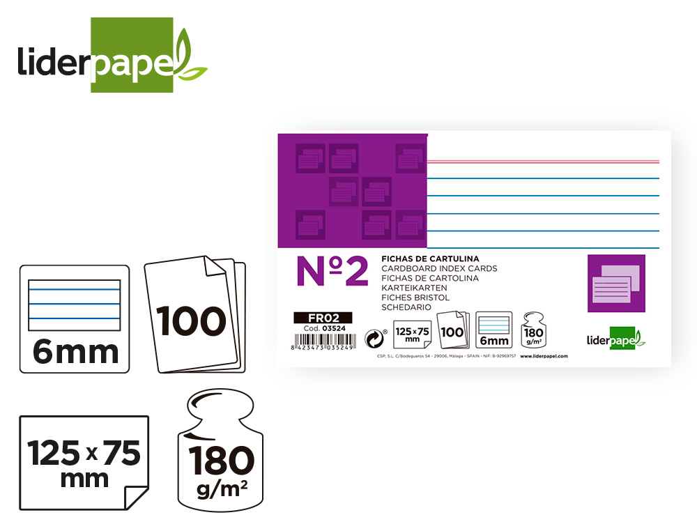 FICHA LIDERPAPEL RAYADA Nº2 75X125 MM 180G/M2 PAQUETE DE 100 UNIDADES