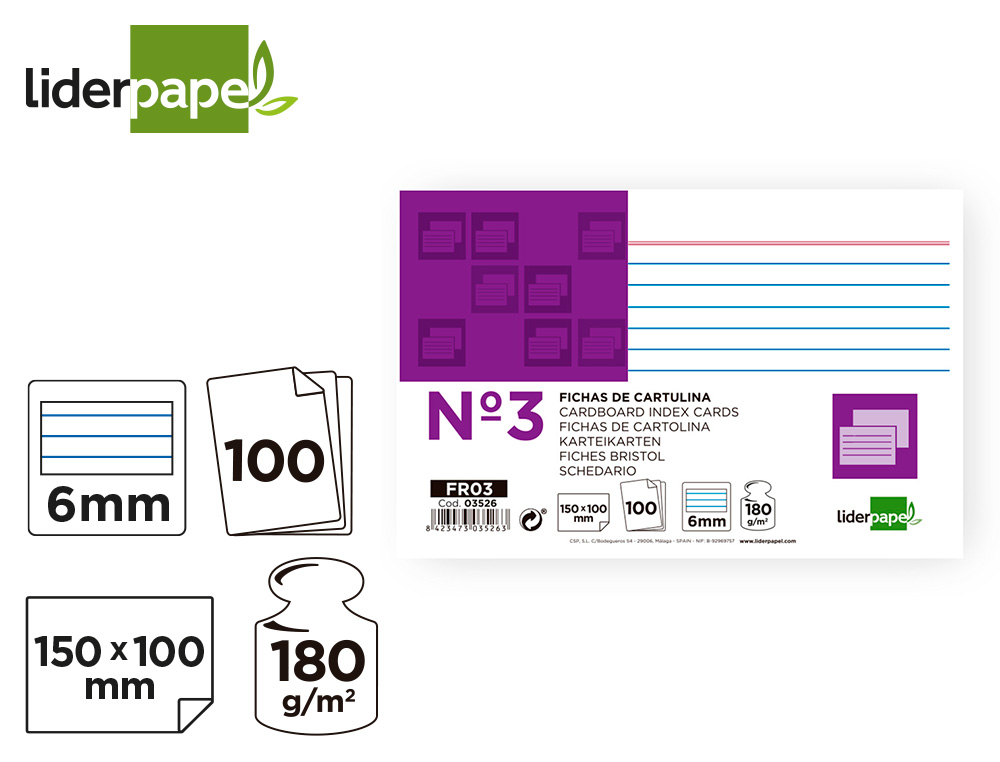 FICHA LIDERPAPEL RAYADA Nº3 100X150 MM 180G/M2 PAQUETE DE 100 UNIDADES