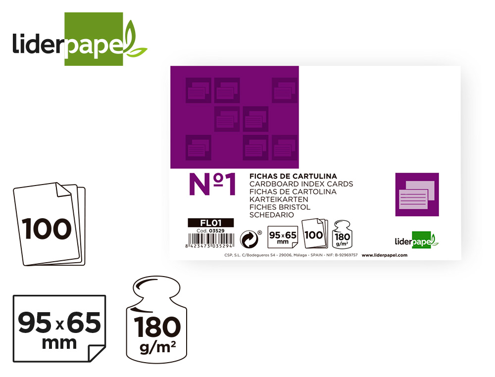 FICHA LIDERPAPEL LISA Nº1 65X95MM PAQUETE DE 100 180G