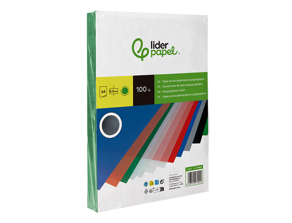 TAPA ENCUADERNACION LIDERPAPEL POLIPROPILENO A4 0.5MM VERDE OPACO PAQUETE DE 100 UNIDADES