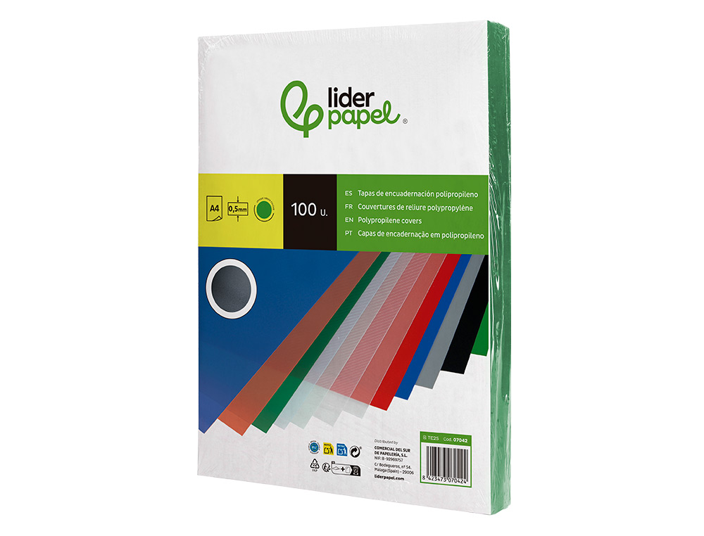 TAPA ENCUADERNACION LIDERPAPEL POLIPROPILENO A4 0.5MM VERDE OPACO PAQUETE DE 100 UNIDADES