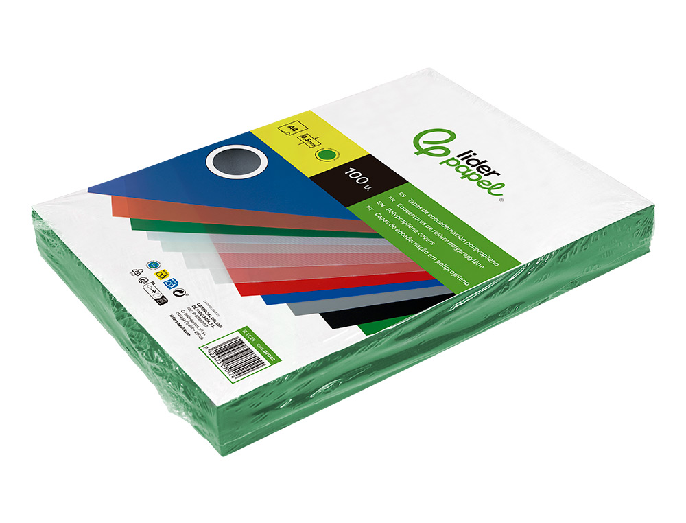 TAPA ENCUADERNACION LIDERPAPEL POLIPROPILENO A4 0.5MM VERDE OPACO PAQUETE DE 100 UNIDADES