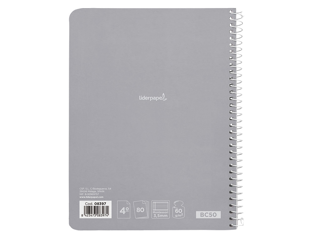 CUADERNO ESPIRAL LIDERPAPEL CUARTO SMART TAPA BLANDA 80H 60GR RAYADO MONTESSORI 3,5MM COLORES SURTIDOS