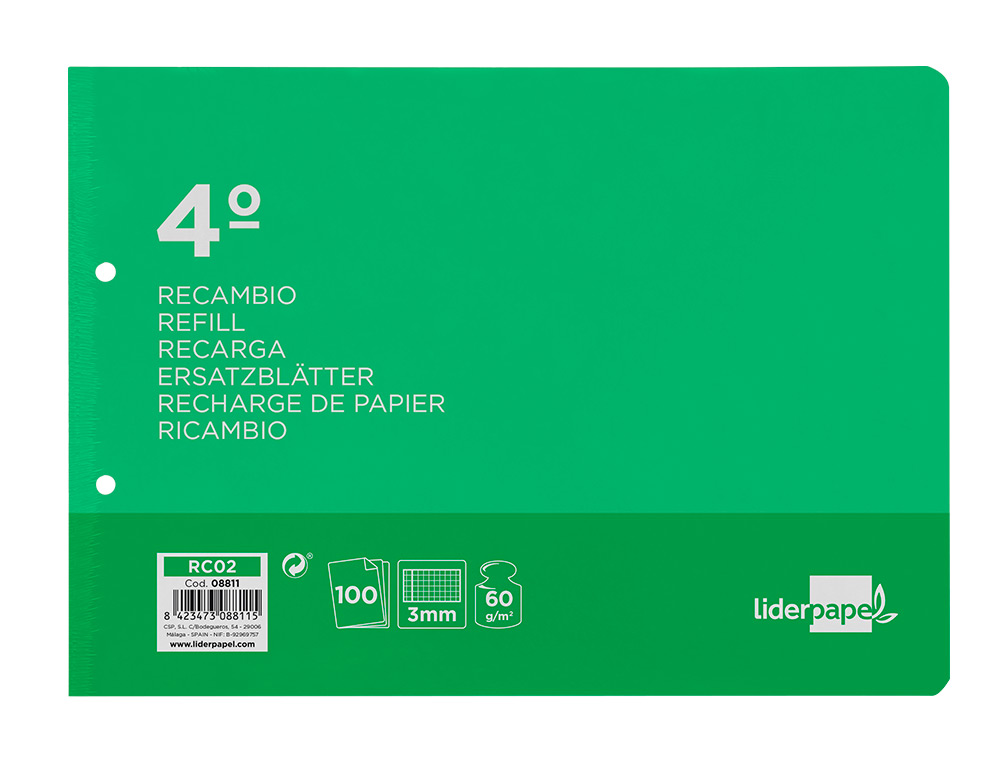 RECAMBIO LIDERPAPEL CUARTO APAISADO 100 H 2TCA-06 CUADRO 3 MM 2 TALADROS CON MARGEN