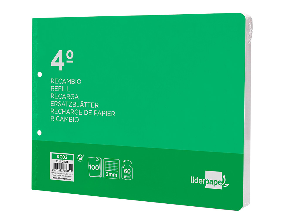 RECAMBIO LIDERPAPEL CUARTO APAISADO 100 H 2TCA-06 CUADRO 3 MM 2 TALADROS CON MARGEN