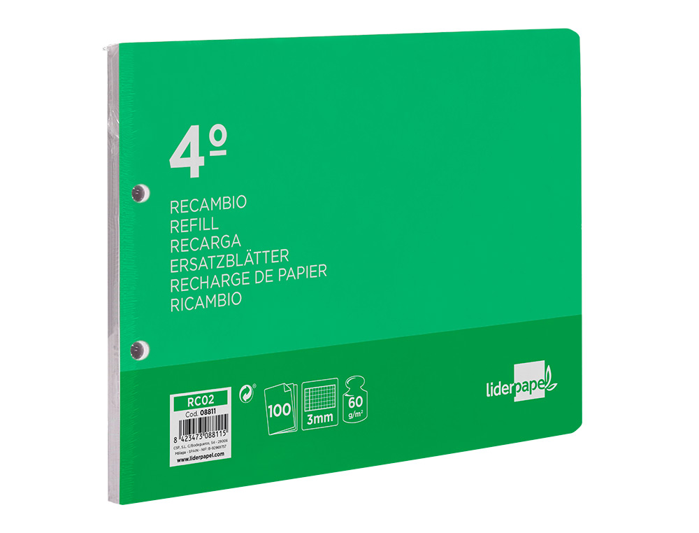 RECAMBIO LIDERPAPEL CUARTO APAISADO 100 H 2TCA-06 CUADRO 3 MM 2 TALADROS CON MARGEN