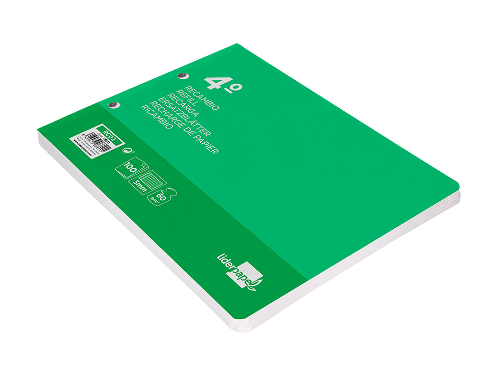 RECAMBIO LIDERPAPEL CUARTO APAISADO 100 H 2TCA-06 CUADRO 3 MM 2 TALADROS CON MARGEN
