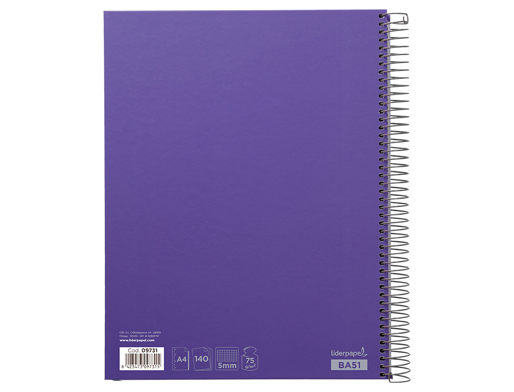 CUADERNO ESPIRAL LIDERPAPEL A4 MICRO JOLLY TAPA FORRADA 140H 75GR CUADRO 5MM 5 BANDAS 4 TALADROS COLOR LILA
