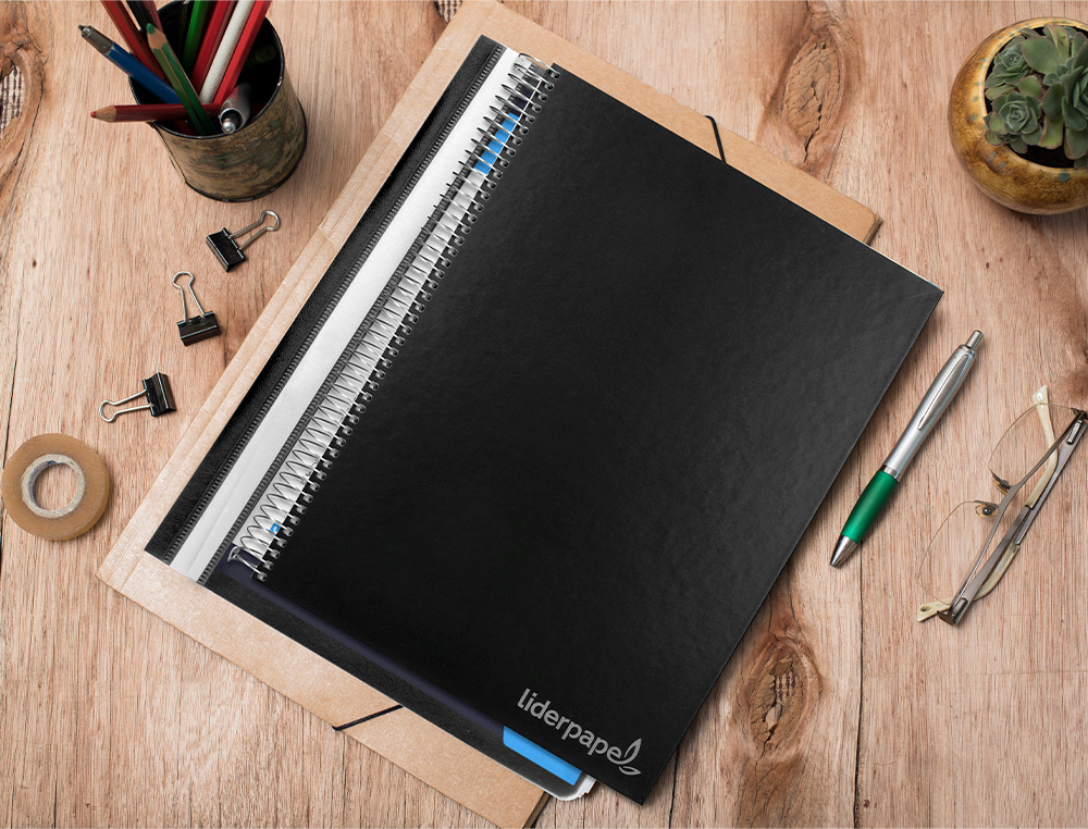 CUADERNO ESPIRAL LIDERPAPEL A4 MICRO JOLLY TAPA FORRADA 140H 75GR CUADRO 5MM 5 BANDAS 4 TALADROS COLOR NEGRO