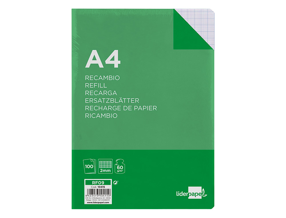 RECAMBIO LIDERPAPEL A4 100 HOJAS 60G/M2 MILIMETRADO SIN MARGEN 4 TALADROS
