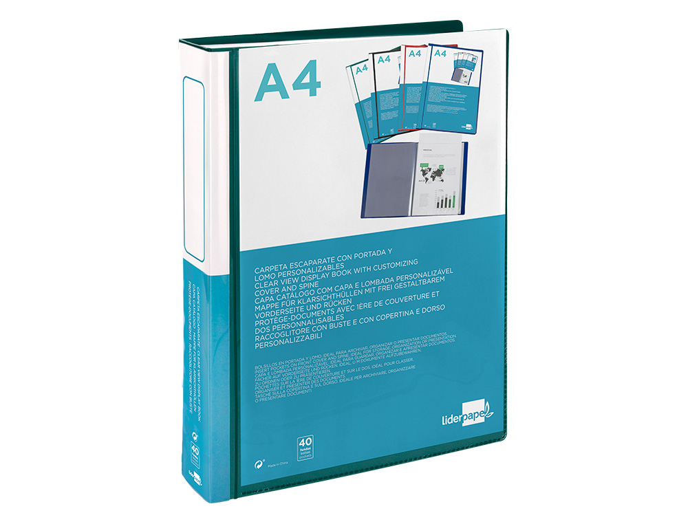 CARPETA LIDERPAPEL PERSONALIZA 40 FUNDAS CANGURO POLIPROPILENO DIN A4 VERDE TRANSLUCIDO PORTADA Y LOMO