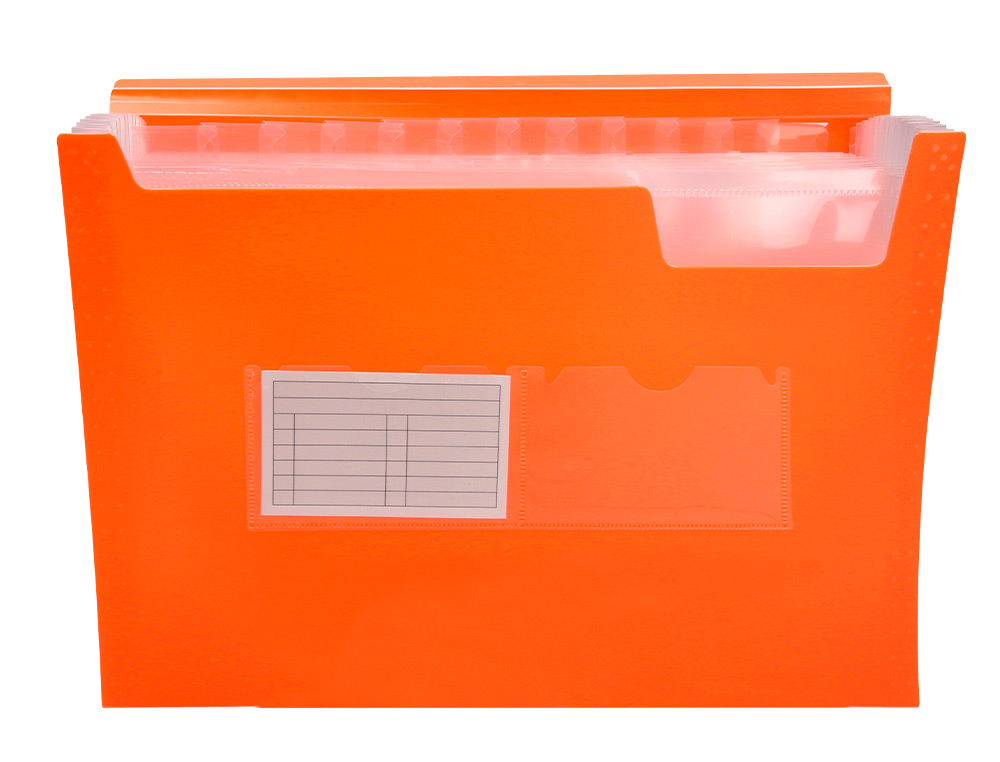 CARPETA LIDERPAPEL CLASIFICADOR FUELLE POLIPROPILENO DIN A4 NARANJA FLUOR OPACO 13 DEPARTAMENTOS