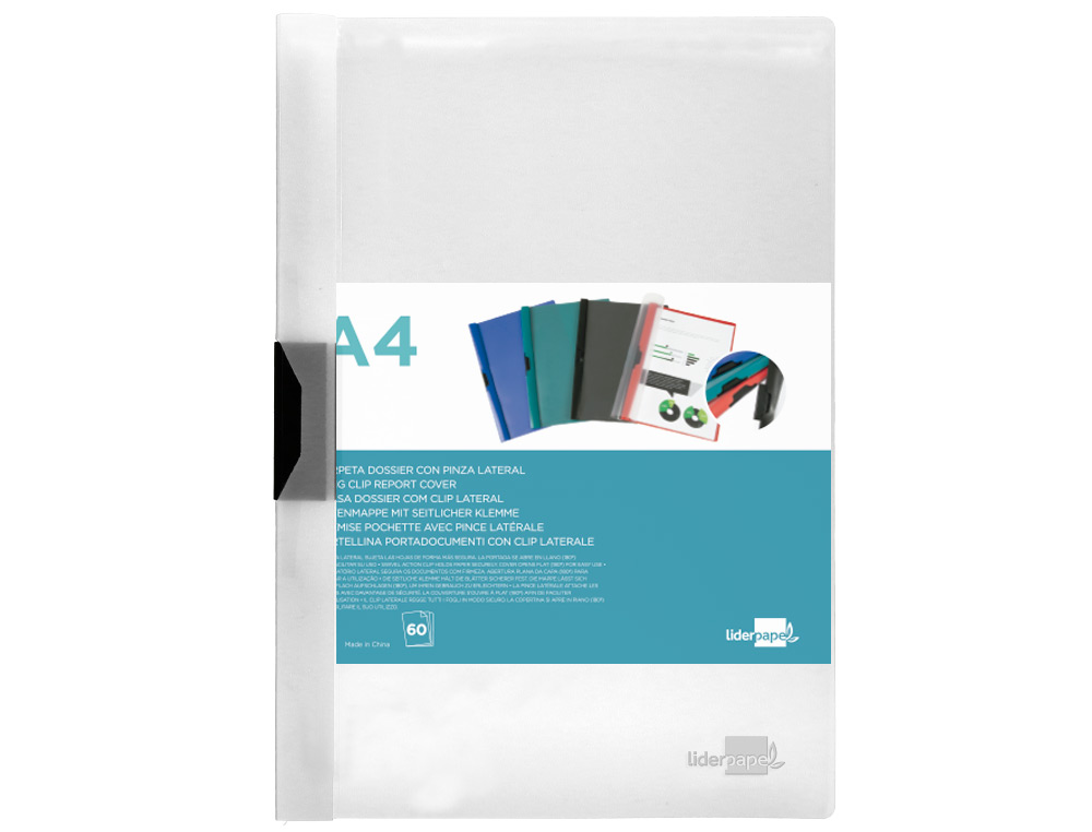 CARPETA LIDERPAPEL DOSSIER PINZA LATERAL POLIPROPILENO DIN A4 TRANSPARENTE 60 HOJAS PINZA DESLIZANTE
