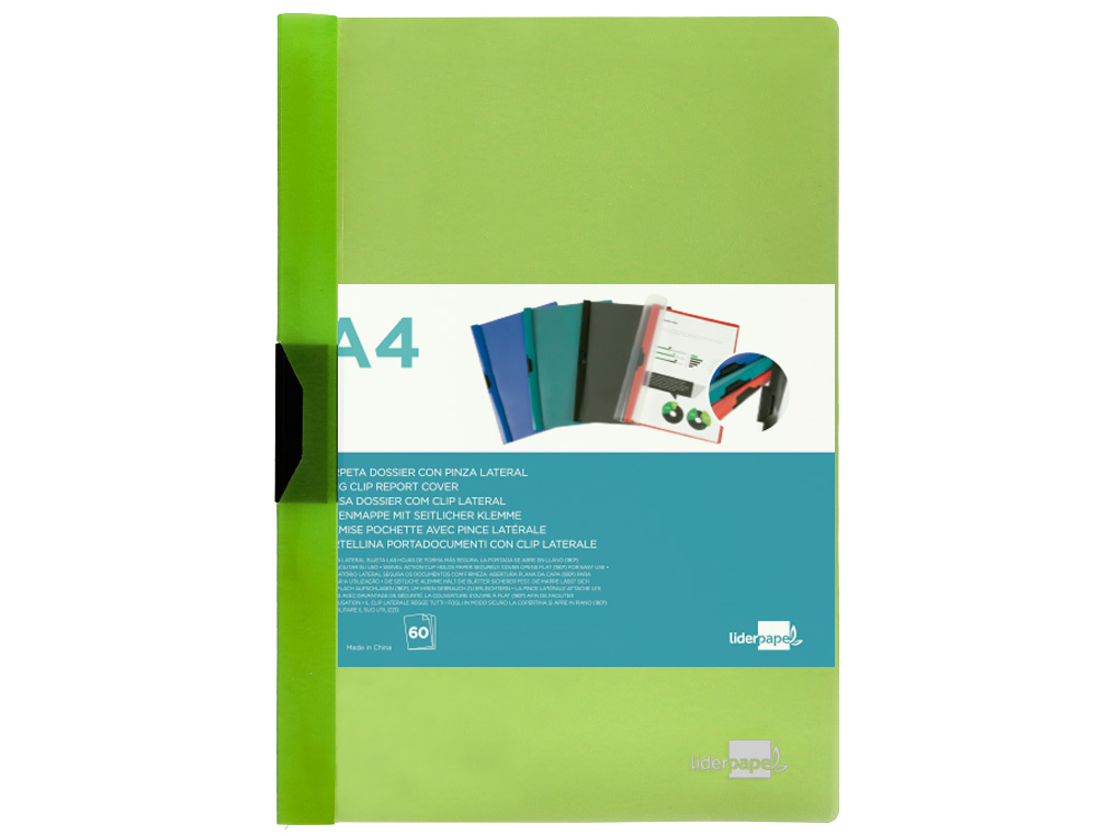 CARPETA LIDERPAPEL DOSSIER PINZA LATERAL POLIPROPILENO DIN A4 VERDE TRANSLUCIDO 60 HOJAS PINZA DESLIZANTE