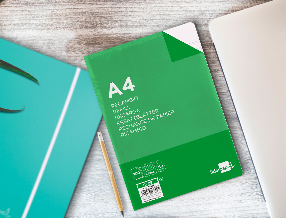 RECAMBIO LIDERPAPEL A4 100 HOJAS 60G/M2 PAUTA 5 2.5MM CON MARGEN 4 TALADROS