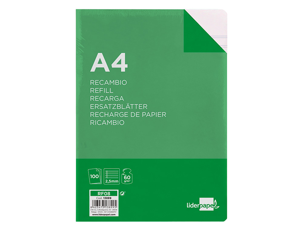 RECAMBIO LIDERPAPEL A4 100 HOJAS 60G/M2 PAUTA 5 2.5MM CON MARGEN 4 TALADROS
