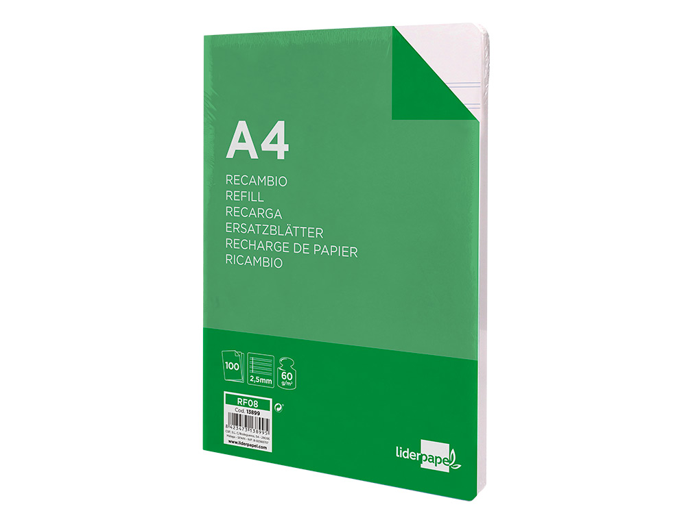 RECAMBIO LIDERPAPEL A4 100 HOJAS 60G/M2 PAUTA 5 2.5MM CON MARGEN 4 TALADROS