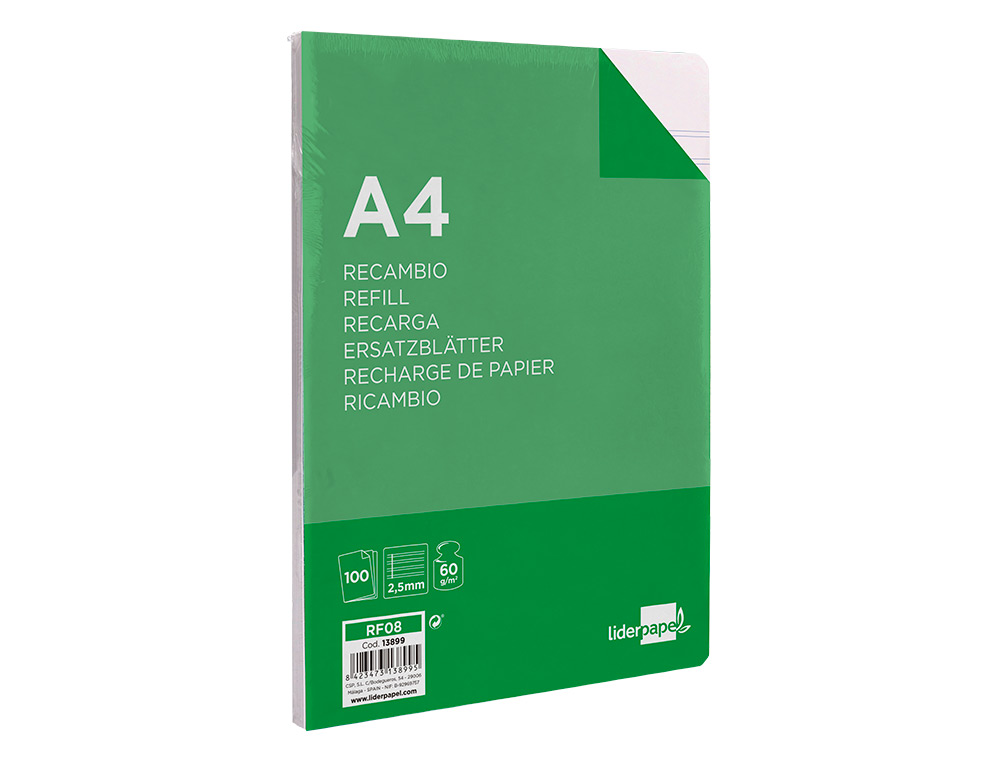 RECAMBIO LIDERPAPEL A4 100 HOJAS 60G/M2 PAUTA 5 2.5MM CON MARGEN 4 TALADROS