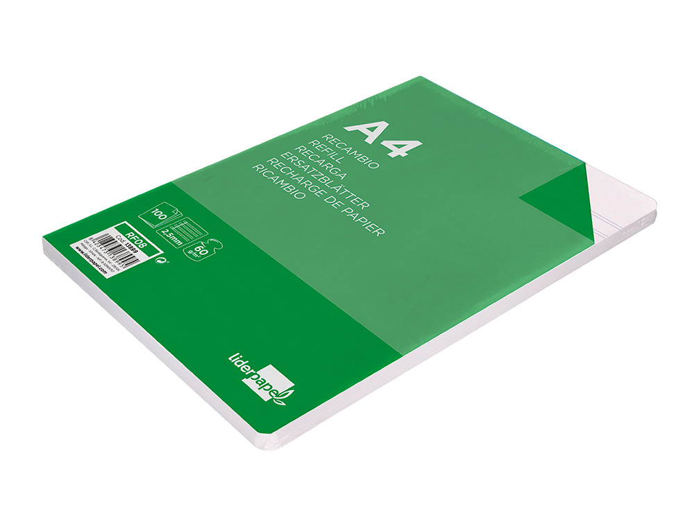 RECAMBIO LIDERPAPEL A4 100 HOJAS 60G/M2 PAUTA 5 2.5MM CON MARGEN 4 TALADROS