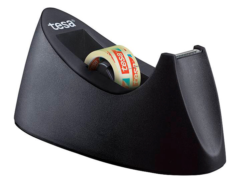 PORTARROLLO SOBREMESA TESA PLASTICO EASY CUT CURVE NEGRO PARA CINTA DE 33 MT X19 MM + 1 CINTA TESAFILM TRANSPARENTE